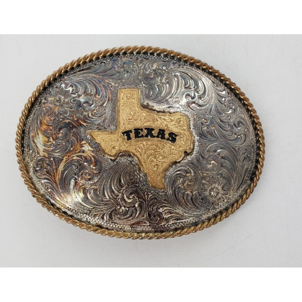 Vintage Texas Belt Buckle Silver Plate & Jewler's Bronze Oval